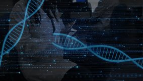 Researcher tapping tablet loading genetic data, DNA helix shifting as colleague refining analysis. Biotechnology, innovation, futuristic, collaboration, digital, laboratory, data analysis - Powered by Shutterstock - Get 15% off with code: PIKWIZARD15