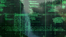 Scanning interface starting with green code streaming, grid forming, reticle aligning for waterfall. Technology, interface, data, digital, futuristic, analysis, visualization - Powered by Shutterstock - Get 15% off with code: PIKWIZARD15