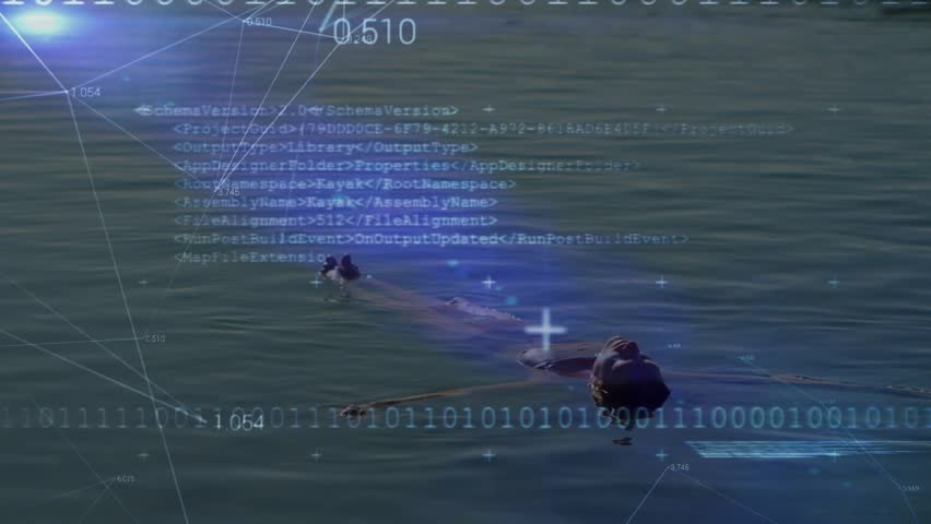 Swimmer floating face-down on lake activating sensor scanning binary overlay for technology mapping. Futuristic, digital, aquatic, technology, data, surveillance, abstract - Powered by Shutterstock - Get 15% off with code: PIKWIZARD15