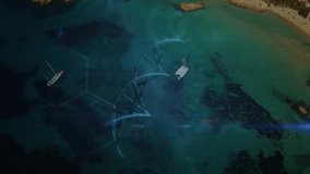 Faint blue strand appearing under boats cloning into rotating DNA helix HUD visualizing guilty. Marine, technology, innovation, data visualization, digital, futuristic, analytics - Powered by Shutterstock - Get 15% off with code: PIKWIZARD15