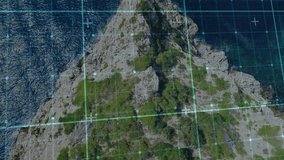 View tilting and zooming tracking promontory as pulsing grid lines scanning ocean for mapping. Geospatial, mapping, drone, technology, data visualization, exploration, digital - Powered by Shutterstock - Get 15% off with code: PIKWIZARD15