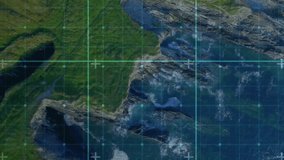 Teal grid overlay initiating scanning on coastline, shifting markers and mapping cliff edges. Aerial, topography, navigation, mapping, technology, exploration, surveillance - Powered by Shutterstock - Get 15% off with code: PIKWIZARD15