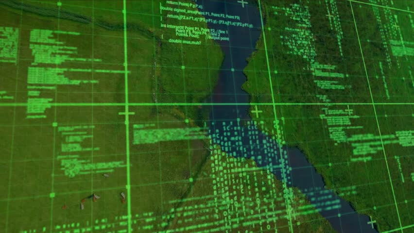 On map load digital grid framing code clusters and scrolling data visualizing river flow. Technology, data visualization, coding, interface, analytics, digital, futuristic - Powered by Shutterstock - Get 15% off with code: PIKWIZARD15
