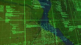 On map load digital grid framing code clusters and scrolling data visualizing river flow. Technology, data visualization, coding, interface, analytics, digital, futuristic - Powered by Shutterstock - Get 15% off with code: PIKWIZARD15