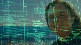 Programmer standing by seaside, engaging with fading grid overlay, analyzing streaming code data. Futuristic, technology, interface, ambiance, innovation, visualization, connectivity - Powered by Shutterstock - Get 15% off with code: PIKWIZARD15