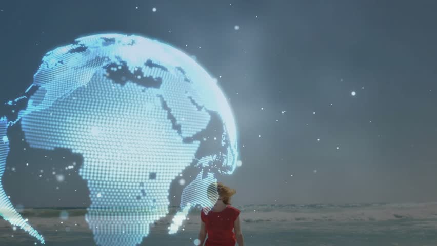 woman reacting to emerging holographic globe on beach, walking through swirling technology loops. Futuristic, technology, immersion, innovation, connectivity, exploration, digital - Powered by Shutterstock - Get 15% off with code: PIKWIZARD15