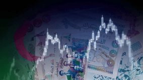 The Algerian flag, dinar bills (DZD), and stocks. Symbolizing Intersection of National Economy, Global Markets, and Investment. Algeria's Stock Market and Currency. - Powered by Shutterstock - Get 15% off with code: PIKWIZARD15