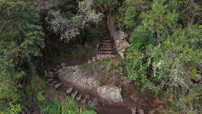 Close-up of steep stairs on Huayna Picchu, vertically up mountainside, passing through trees above peak to reveal a breathtaking vista of surrounding mountains and winding river far below