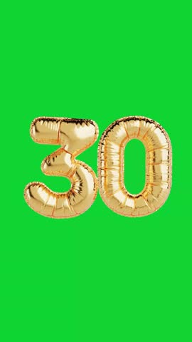 4k Resolution Vertical Video for Social Media: Anniversary Celebration Concept. Shiny Golden Balloon In Shape Of Number Thirty Moving On Green Screen Background With Alpha Matte