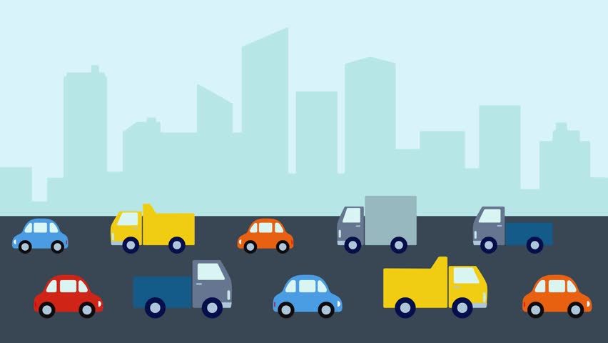 Autos moving on city road on the silhouettes of buildings. 2D animation, flat design. Cars move at a constant speed on the highway. The upper part of the frame is free for title.
