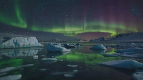 A dramatic and stunning night view featuring the mesmerizing Aurora Borealis (Northern Lights) in neon green and magenta hues over icy mountains and calm waters. - Powered by Shutterstock - Get 15% off with code: PIKWIZARD15