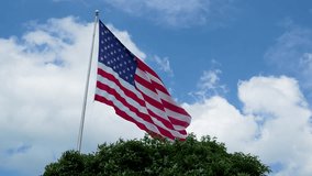 Slow Motion 4K Video American flag blowing in strong wind, blue cloudy sky in background - Powered by Shutterstock - Get 15% off with code: PIKWIZARD15