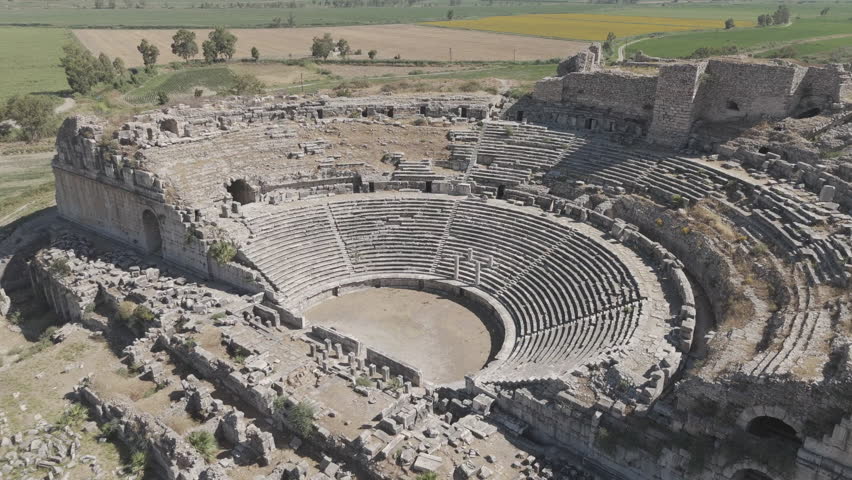 D-Log M. Balat, Turkey. Aerial detail view of Miletus Theatre entrances, walls and stairways architecture. Aerial View, MasterShots, Rocket