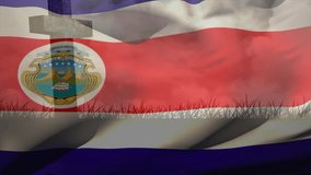 Sudden gust catching Costa Rica flag, rippling tricolor waves against cross, grass, drifting clouds. Patriotism, outdoor, nature, movement, serenity, minimalism, symbolism - Powered by Shutterstock - Get 15% off with code: PIKWIZARD15