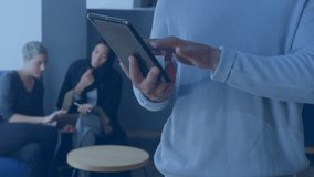 Man tapping tablet and generating smartphone and music note icons tech network showing connectivity. Technology, connectivity, digital, innovation, collaboration, modernity, communication - Powered by Shutterstock - Get 15% off with code: PIKWIZARD15