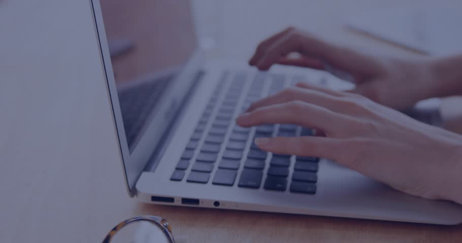 Data analyst typing on laptop, animating line, area, bar charts with world map for metrics analysis. Productivity, technology, data visualization, analytics, business, modern, professional