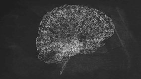 Wireframe brain rotating to right while chalk sketches appearing and multiplying left showing math. Neural network, cognitive science, educational, schematic, abstract, data visualization, learning - Powered by Shutterstock - Get 15% off with code: PIKWIZARD15