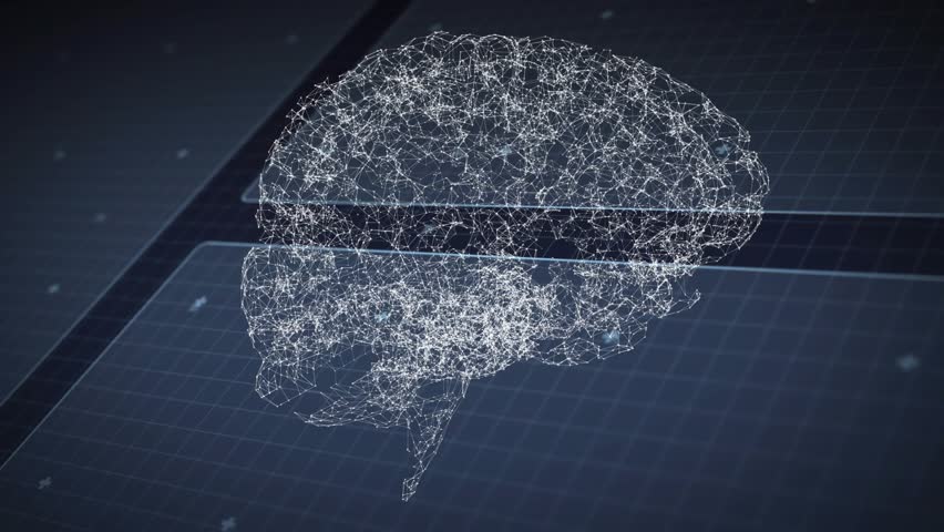 On start glowing wireframe brain model spinning smoothly to reveal holographic data overlays. Futuristic, technology, innovation, data visualization, digital interface, virtual environment, sci-fi - Powered by Shutterstock - Get 15% off with code: PIKWIZARD15