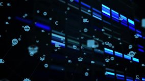 Upon starting, truck, box, 50%, € icons floating, shifting over glowing bars showing sales data. Technology, data visualization, digital interface, futuristic, analytics, network, business - Powered by Shutterstock - Get 15% off with code: PIKWIZARD15