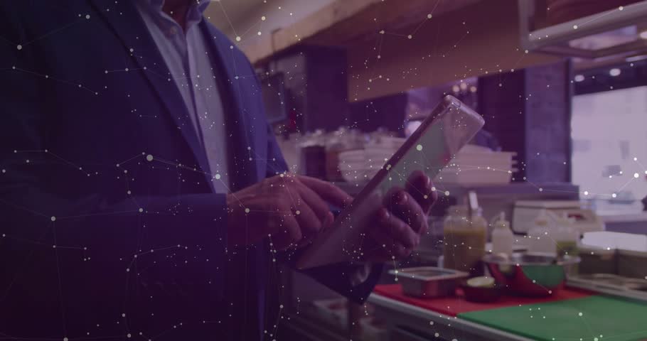 kitchen manager swiping tablet, animating graphs, VR user rotating controllers inspecting charts. Technology, digital, innovation, data, immersive, futuristic, smart