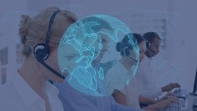 support team typing and speaking while generating spinning digital globe overlay with code streams. Technology, teamwork, collaboration, global, communication, digital, professional - Powered by Shutterstock - Get 15% off with code: PIKWIZARD15