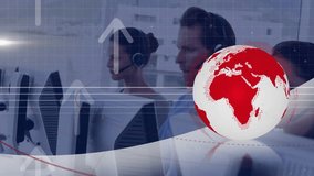 Red globe expanding over call-center agents while typing and adjusting headsets for global support. Collaboration, technology, connectivity, communication, urban, teamwork, corporate - Powered by Shutterstock - Get 15% off with code: PIKWIZARD15