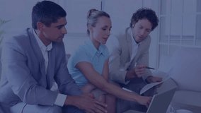 Woman tapping laptop trackpad starting finance graphs floating over sofa gathering for analysis. Business, teamwork, collaboration, innovation, digital, data analytics, leadership - Powered by Shutterstock - Get 15% off with code: PIKWIZARD15