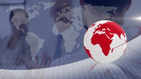 Business meeting map overlay revealing rotating globe with orbit arcs, team clapping for reveal. Global, technology, collaboration, innovation, corporate, networking, futuristic - Powered by Shutterstock - Get 15% off with code: PIKWIZARD15