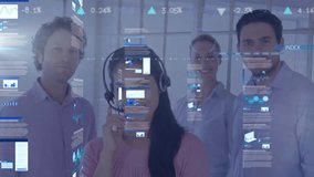 Upon smiling call agent speaking as sliding charts revealing financial insights behind coworkers. Technology, collaboration, analytics, innovation, finance, digital, productivity - Powered by Shutterstock - Get 15% off with code: PIKWIZARD15