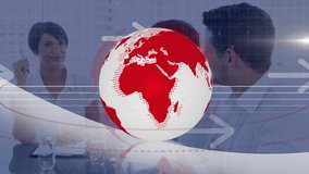 Business colleagues reviewing files sparking rotating globe with sweeping arrows for data analysis. Globalization, collaboration, enterprise, innovation, technology, communication, digital - Powered by Shutterstock - Get 15% off with code: PIKWIZARD15