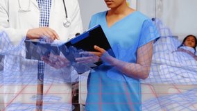 Nurse opening chart and doctor pointing entries with hologram pulsing over child for medical care. Medical, collaboration, futuristic, healthcare, technology, professionalism, analysis - Powered by Shutterstock - Get 15% off with code: PIKWIZARD15