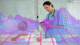 Hospital nurse initiating health check reviewing chart and adjusting IV while numeric grid pulsing. Medical, caregiving, diagnostics, innovation, clinical, wellness, professionalism - Powered by Shutterstock - Get 15% off with code: PIKWIZARD15