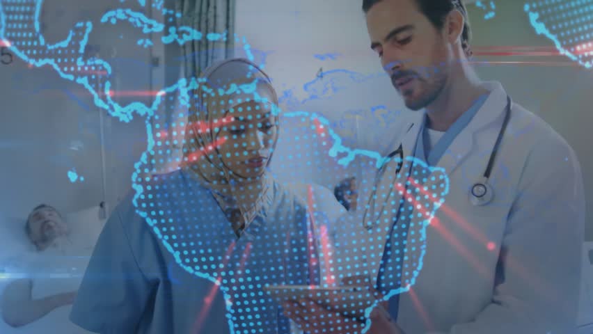 Nurse tapping tablet doctor pointing starting map pulsing network icons showing global telemedicine. Technology, healthcare, innovation, telehealth, connectivity, digital, medical - Powered by Shutterstock - Get 15% off with code: PIKWIZARD15