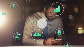 Male using smartphone summoning CO₂ and bar chart icons network and monitoring sustainability data. Innovation, technology, analytics, environmental, urban, professional, digital - Powered by Shutterstock - Get 15% off with code: PIKWIZARD15