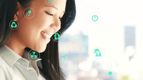 Red ring sweeping around woman holding phone revealing green environment icons navigating interface. Technology, innovation, sustainability, eco-friendly, communication, digital, modern - Powered by Shutterstock - Get 15% off with code: PIKWIZARD15