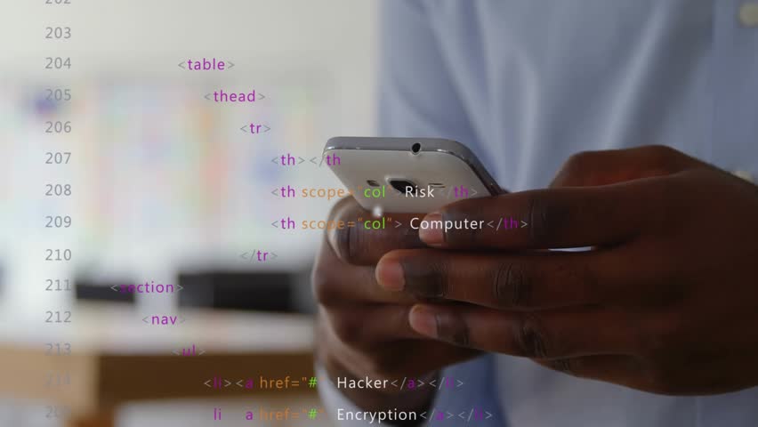 IT expert holding smartphone in office seeing HTML code fading in and cybersecurity nodes expanding. Technology, digital, network, cyber, security, interface, professional - Powered by Shutterstock - Get 15% off with code: PIKWIZARD15
