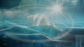 Businessman using tablet starting waveforms tapping interface visualizing sun-flare cloud charts. Technology, innovation, futurism, digital, communication, data, cloud computing - Powered by Shutterstock - Get 15% off with code: PIKWIZARD15