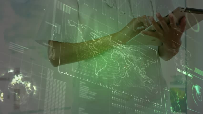 Medical professional tapping tablet and revealing holographic world map charts for data analysis. Healthcare, technology, data visualization, digital interface, innovation, professionalism, analysis - Powered by Shutterstock - Get 15% off with code: PIKWIZARD15