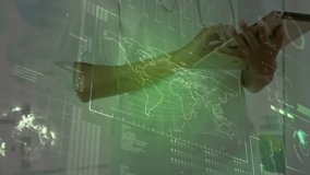 Medical professional tapping tablet and revealing holographic world map charts for data analysis. Healthcare, technology, data visualization, digital interface, innovation, professionalism, analysis - Powered by Shutterstock - Get 15% off with code: PIKWIZARD15