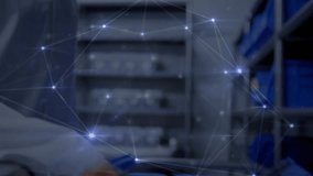 Blurred shelving shifting network overlay activating around lab technician examining blue bin. Inventory, data visualization, technology, research, analysis, digital interface, scientific - Powered by Shutterstock - Get 15% off with code: PIKWIZARD15