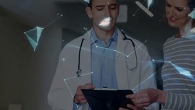 Network floating in medical while globe forming guiding doctor listening patient pointing clipboard. Healthcare, digital, technology, communication, innovation, professionalism, healthcare industry - Powered by Shutterstock - Get 15% off with code: PIKWIZARD15