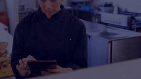 Chef scrolling tablet causing digital network spheres merging, expanding, visualizing culinary data. Technology, innovation, futuristic, culinary, digital, networking, data - Powered by Shutterstock - Get 15% off with code: PIKWIZARD15