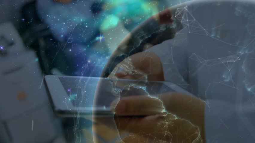 Doctor tapping touchscreen device and activating rotating globe animation calling waiting patient. Medical, technology, interface, digital, healthcare, innovation, communication - Powered by Shutterstock - Get 15% off with code: PIKWIZARD15