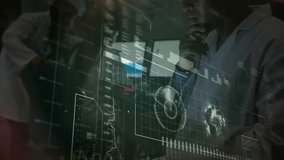 lab scientist analyzing data touching holographic panel causing globe spinning and updating charts. Technology, innovation, analytics, research, digital, futuristic, collaboration - Powered by Shutterstock - Get 15% off with code: PIKWIZARD15