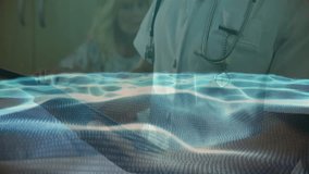 Nurse raising tablet by patient arm scanning with digital wave overlay collecting health data. Healthcare, telemedicine, digital, diagnostic, technology, senior, compassionate - Powered by Shutterstock - Get 15% off with code: PIKWIZARD15