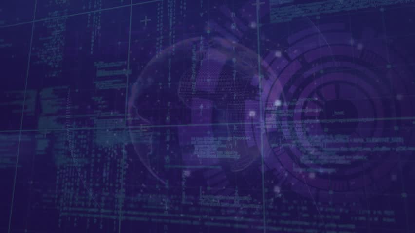 Gridlines animating causing code cascading while 3D globe rotating and HUD rings pulsing data. Technology, data, visualization, futuristic, digital, interface, cyberspace - Powered by Shutterstock - Get 15% off with code: PIKWIZARD15