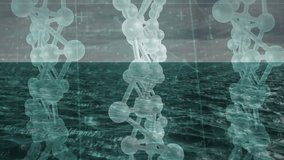 Rolling ocean waves starting molecular chains fading, oscillating with pulsing HUD visualizing data. Science, technology, marine, abstract, futuristic, data, visualization - Powered by Shutterstock - Get 15% off with code: PIKWIZARD15