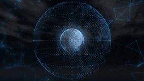 Blue mesh forming sphere initiating Earth globe rotating with rings materializing network shell. Technology, cyberspace, futuristic, connectivity, digital, innovation, immersive - Powered by Shutterstock - Get 15% off with code: PIKWIZARD15