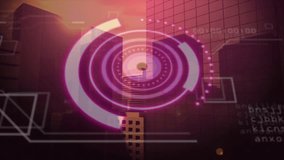 When sunset view appearing, neon pink gray HUD rings rotating, scanning arcs for system check. Futuristic, urban, technology, interface, digital, high-tech, architecture - Powered by Shutterstock - Get 15% off with code: PIKWIZARD15