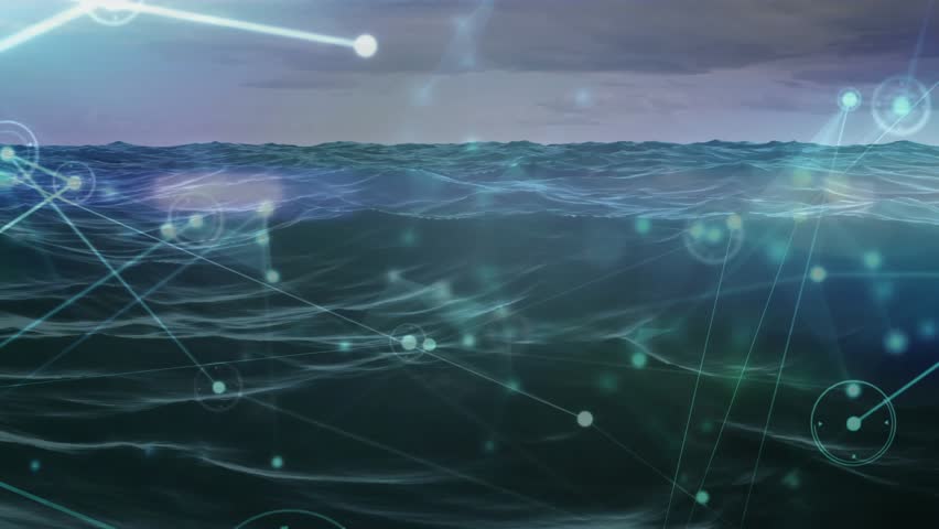 Semi-transparent nodes fading over dark ocean with pulsing lines visualizing network then receding. Abstract, technology, connectivity, cyber, futuristic, motion, digital - Powered by Shutterstock - Get 15% off with code: PIKWIZARD15